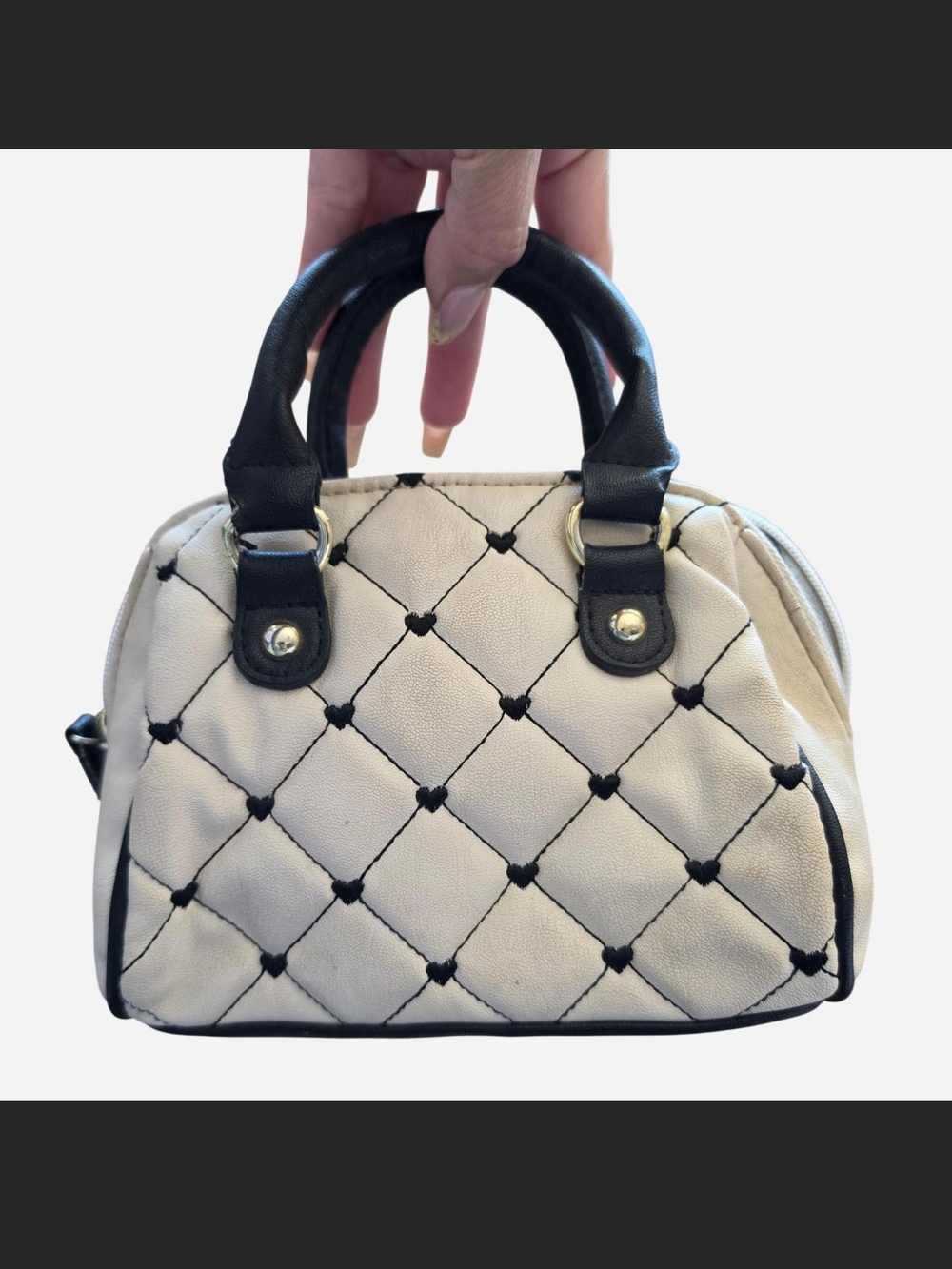 Betsey Johnson Cream Quilted Mini Satchel with Black Trim and Tassel - Picture 2 of 8